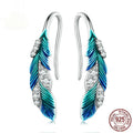 Pair of bright blue gradient feather wing stud earrings white gold plated over 925 silver