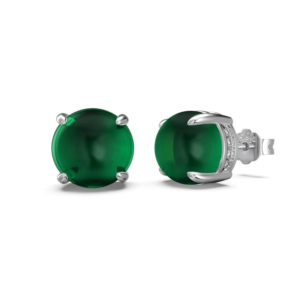 Retro S925 sterling silver green chalcedony stud earrings with platinum electroplated finish, geometric round shape