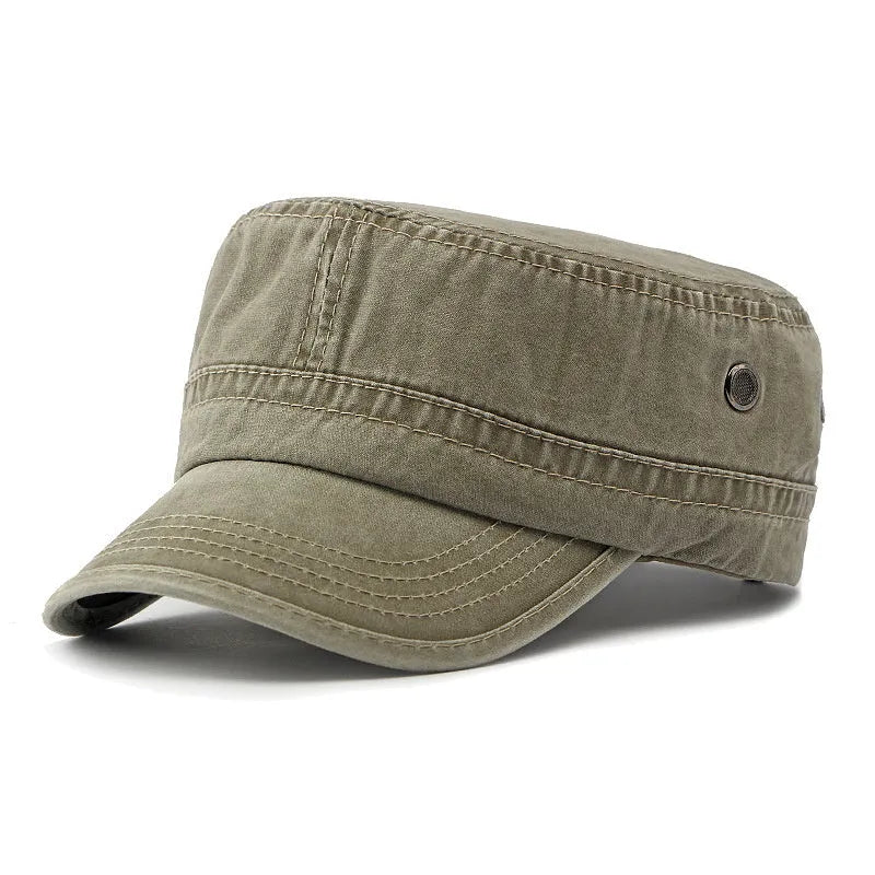 Military flat top cap in cotton fabric with adjustable sizing in four colour options