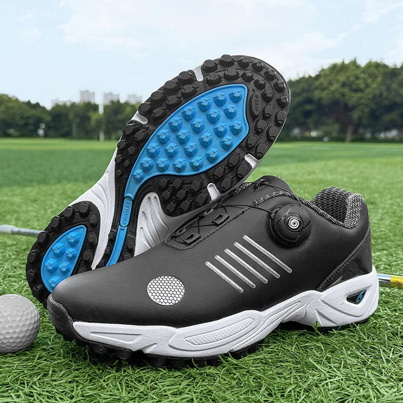 Men's rotating shoelace sports shoes in black, grey, or white, mesh upper, rubber sole, sizes 40-46.