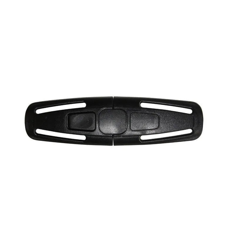 Black nylon seat belt clip for 5-point child car seat harness chest buckle.