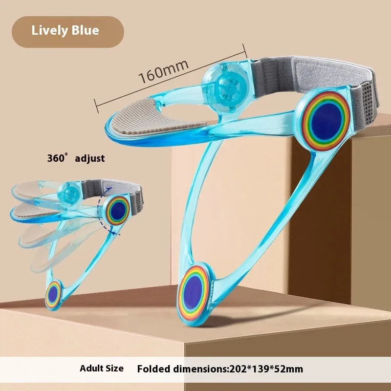 Adjustable cervical support collar for adults and children in blue, pink, and transparent colours.