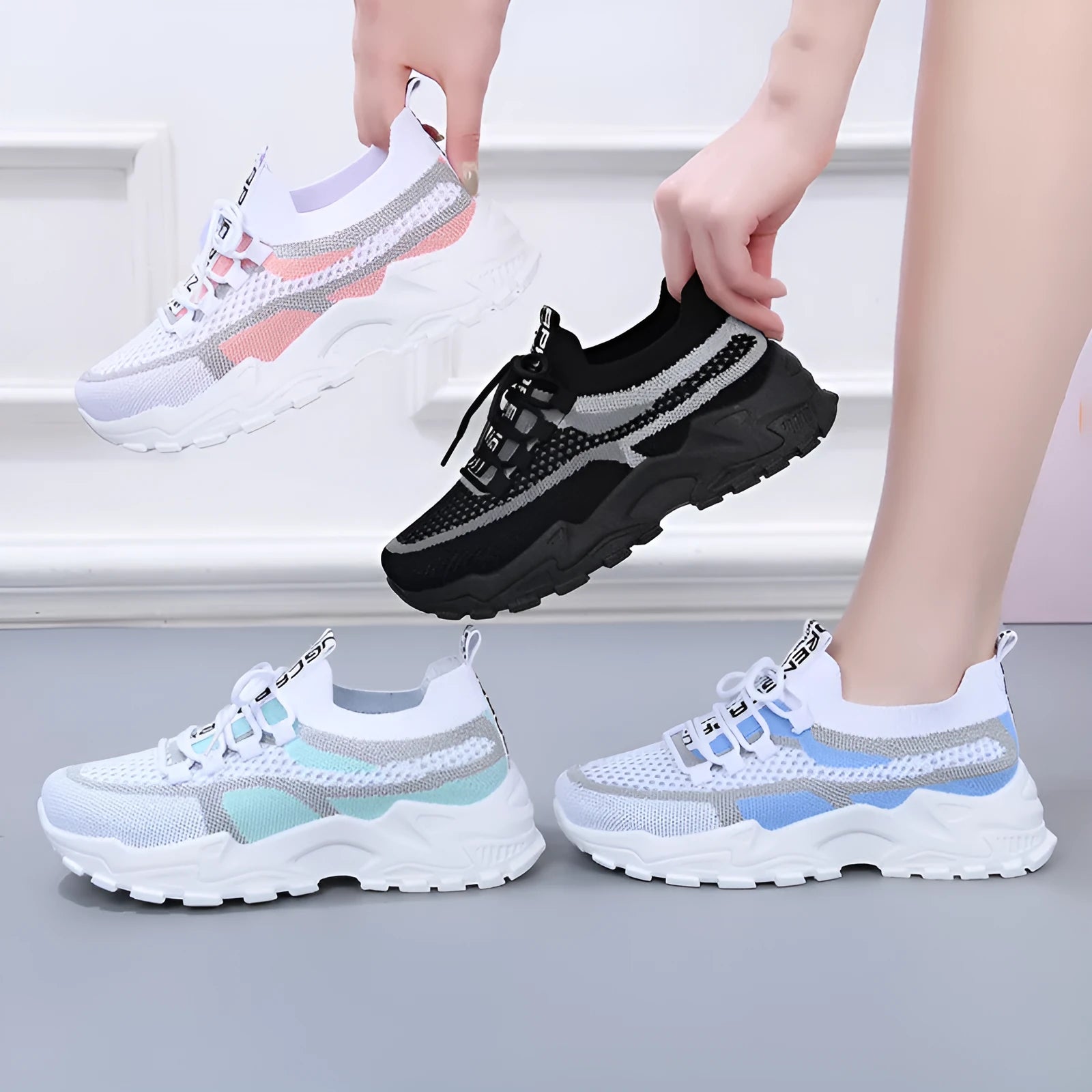 Outdoor fashion casual platform women's sneaker, flat heel, PVC sole, black colourway