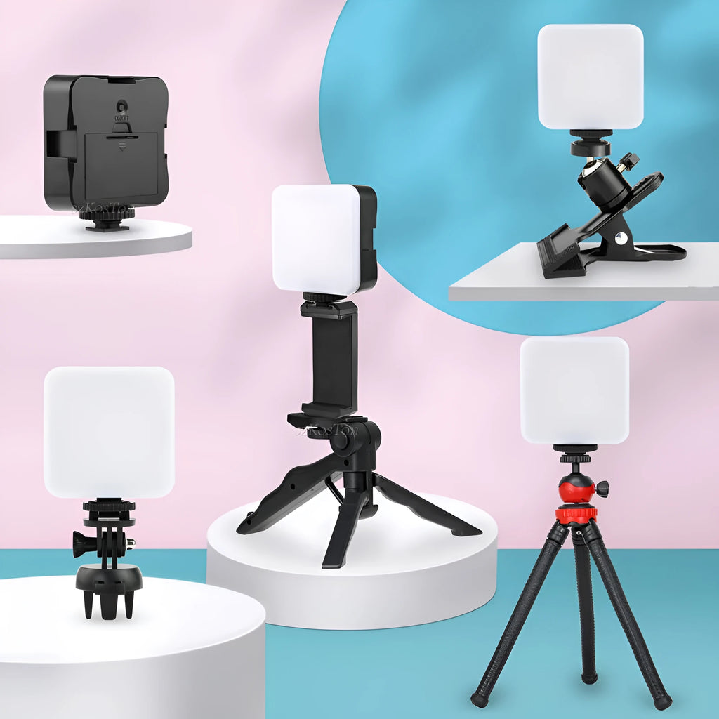 LED mini square outdoor pocket light tripod flash unit showing compact dimensions and rotatable head