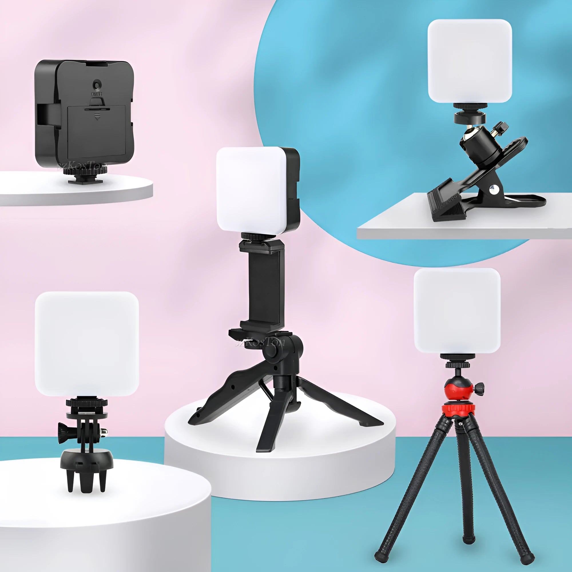 LED mini square outdoor pocket light tripod flash unit showing compact dimensions and rotatable head
