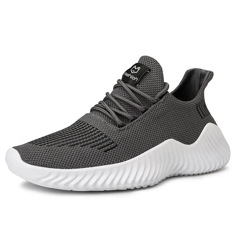 Men's breathable ultra-light running shoes with white upper and grey sole, side view