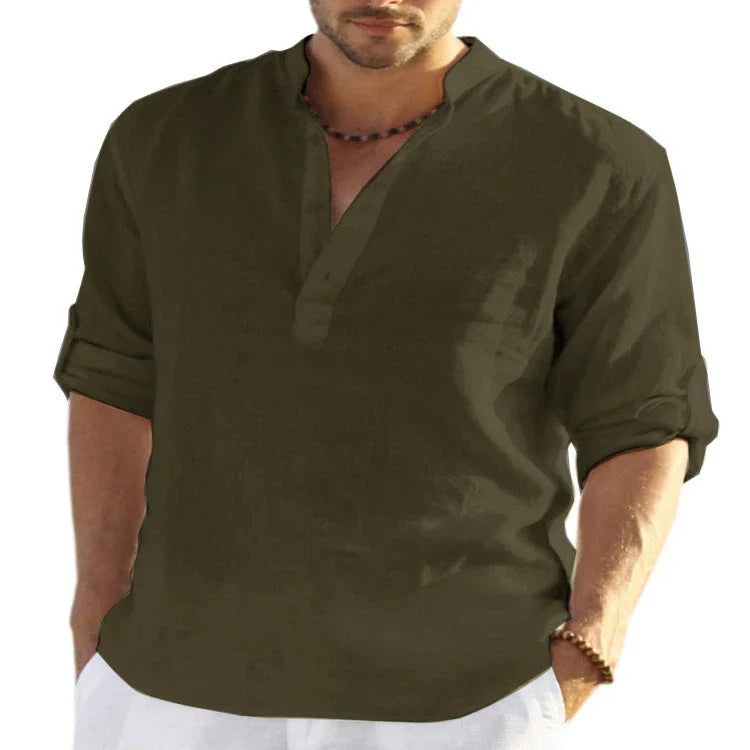 Stylish casual cotton and linen men's shirt with stand collar in various colors