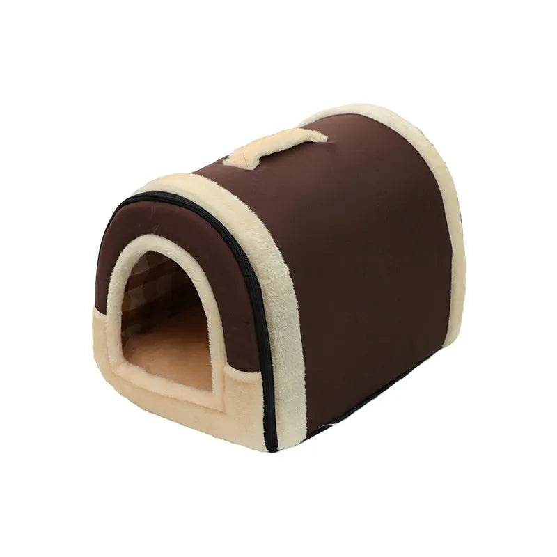 Portable cloth cat bed with handle, available in S, M, L and XL with pink, blue, brown and green patterns