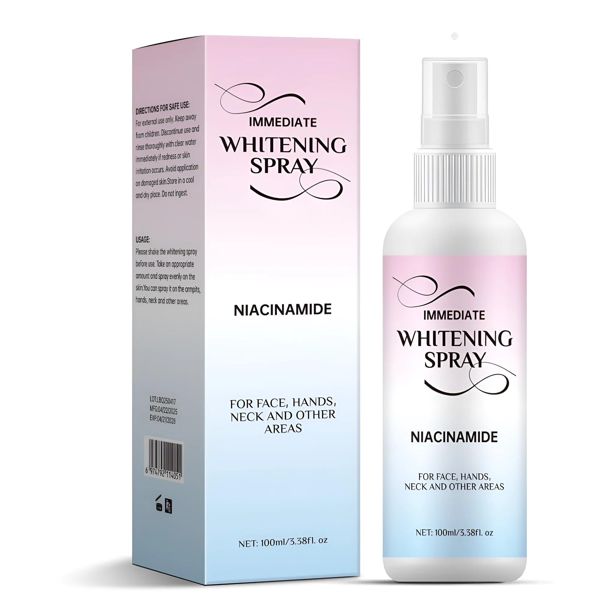 100ml whitening spray bottle with brightening sweat-proof formula for women, men and children