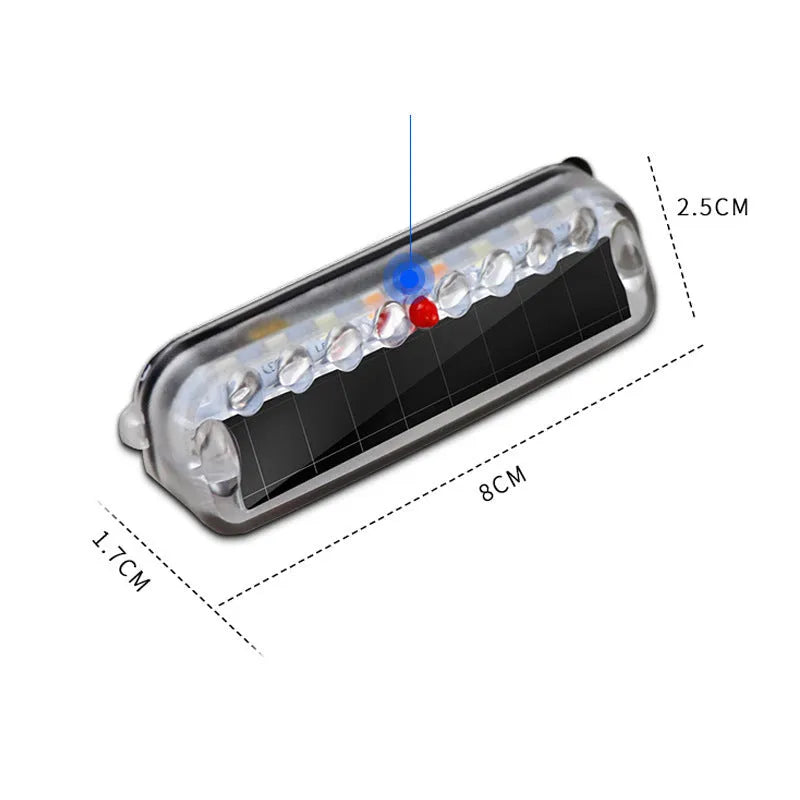 Solar power vehicle anti-collision strobe light, 80x2.5mm, ABS, blue red white colours