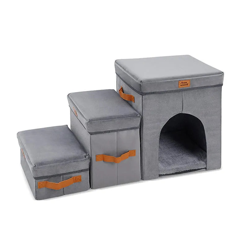 Grey foldable cloth dog stairs with 2 or 3 steps, 33cm wide, for small dogs at home
