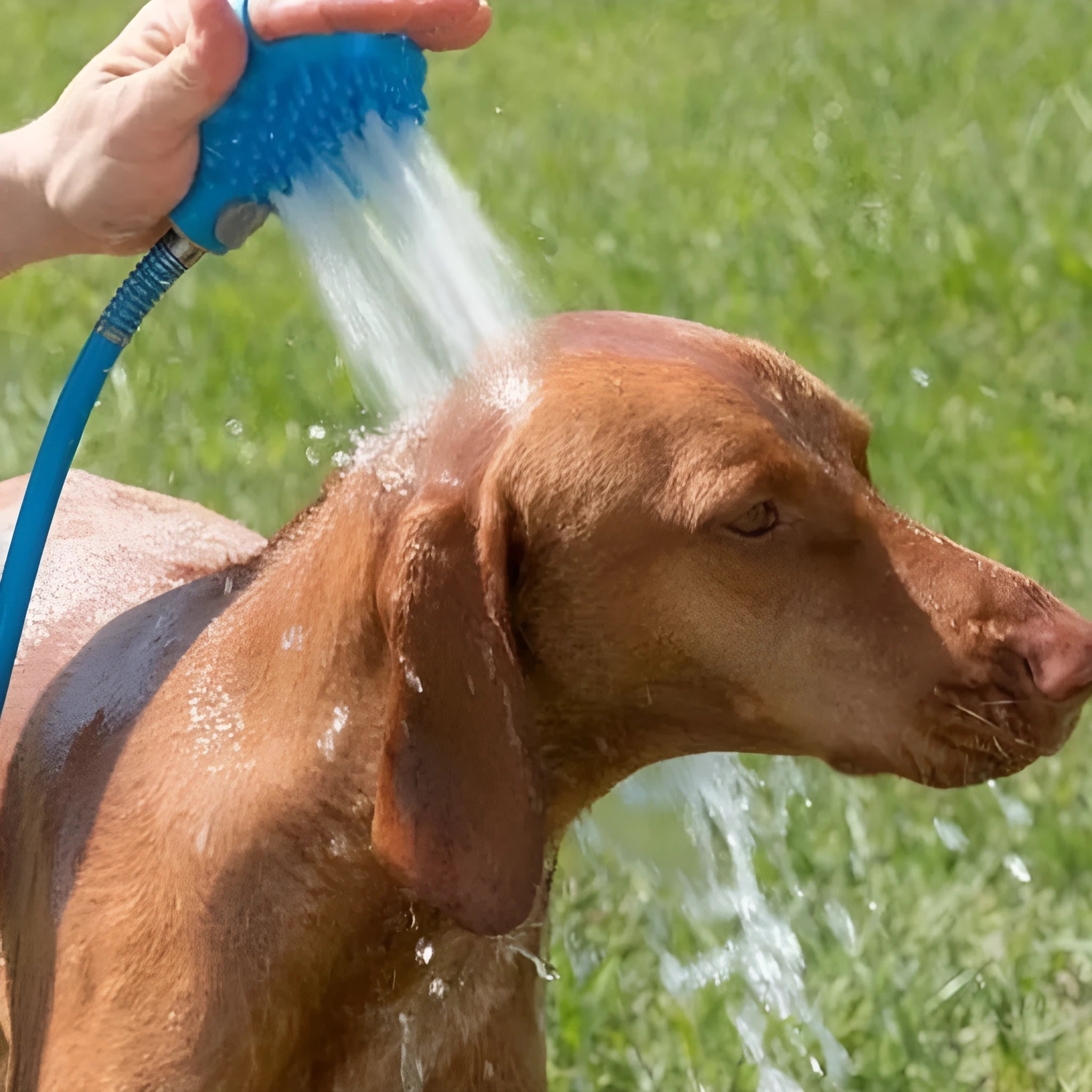 Hand-held silicone dog bath brush with built-in nozzle for outdoor pet shower