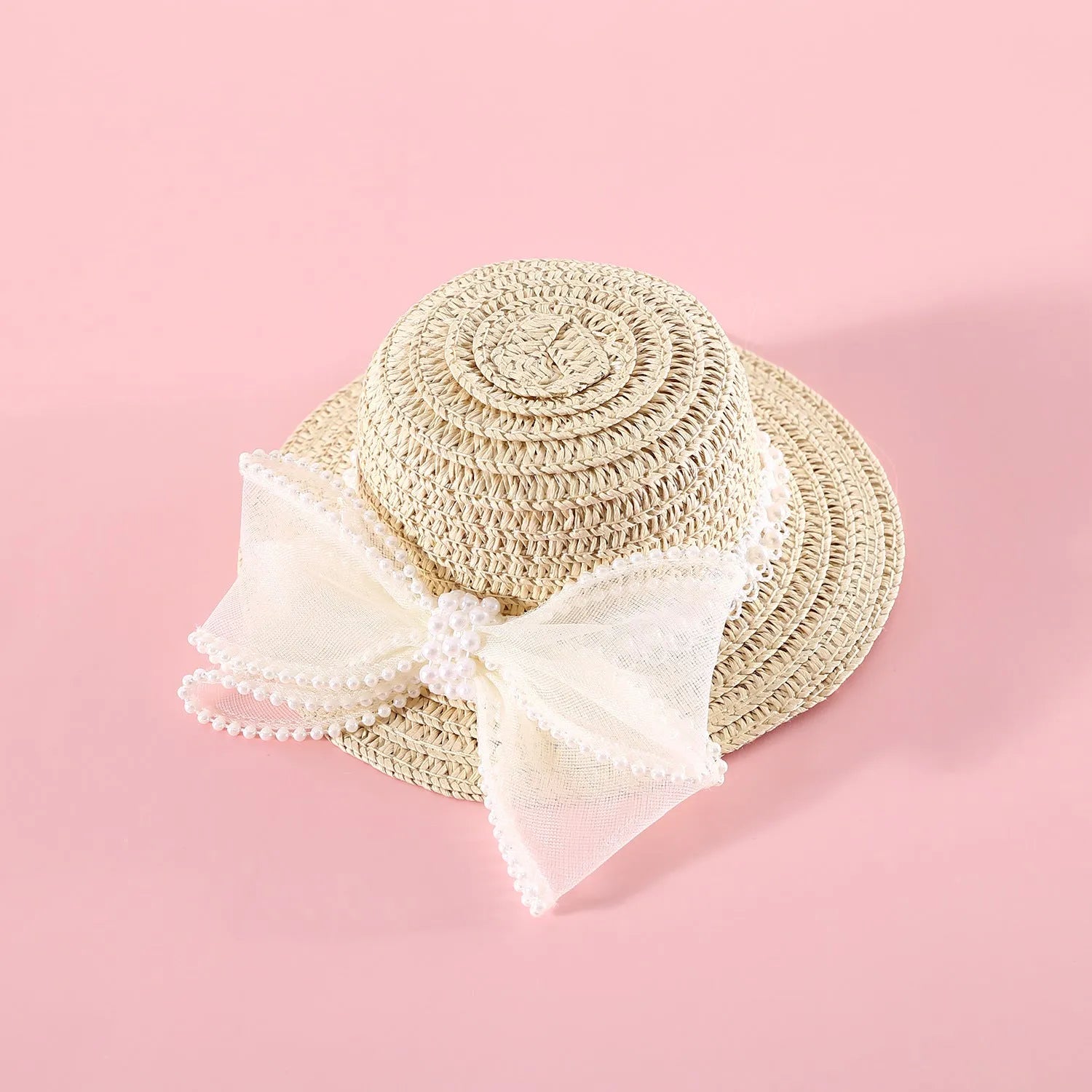 Woven Lafite leaf cat hat with pearl butterfly bow decoration in pink, purple, blue or white colours