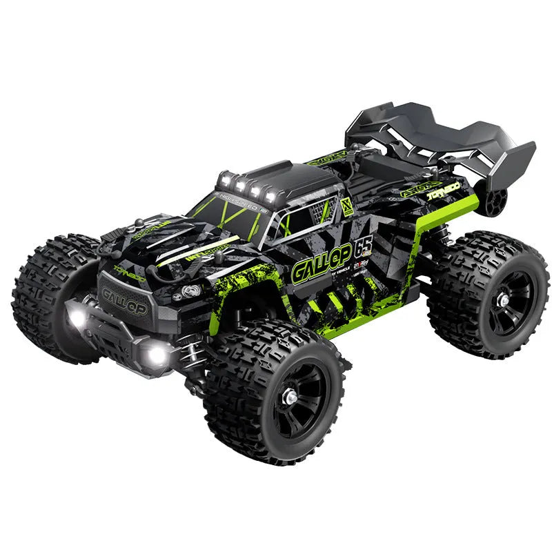 Brushless remote control car with four-wheel drive, metal drivetrain, available in green or red colour options