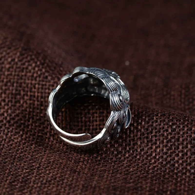 Sterling silver Jibeast zodiac diamond open ring showing adjustable design and animal modelling detail