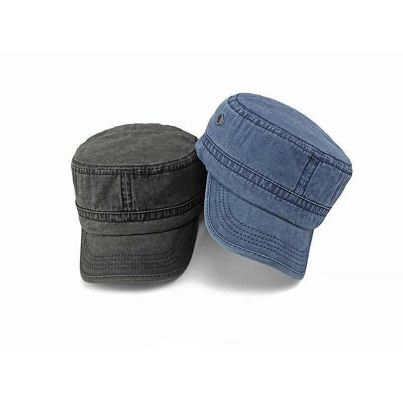 Military flat top cap in cotton fabric with adjustable sizing in four colour options