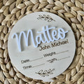 Square wooden baby name plaque showing birth information with 15cm dimensions