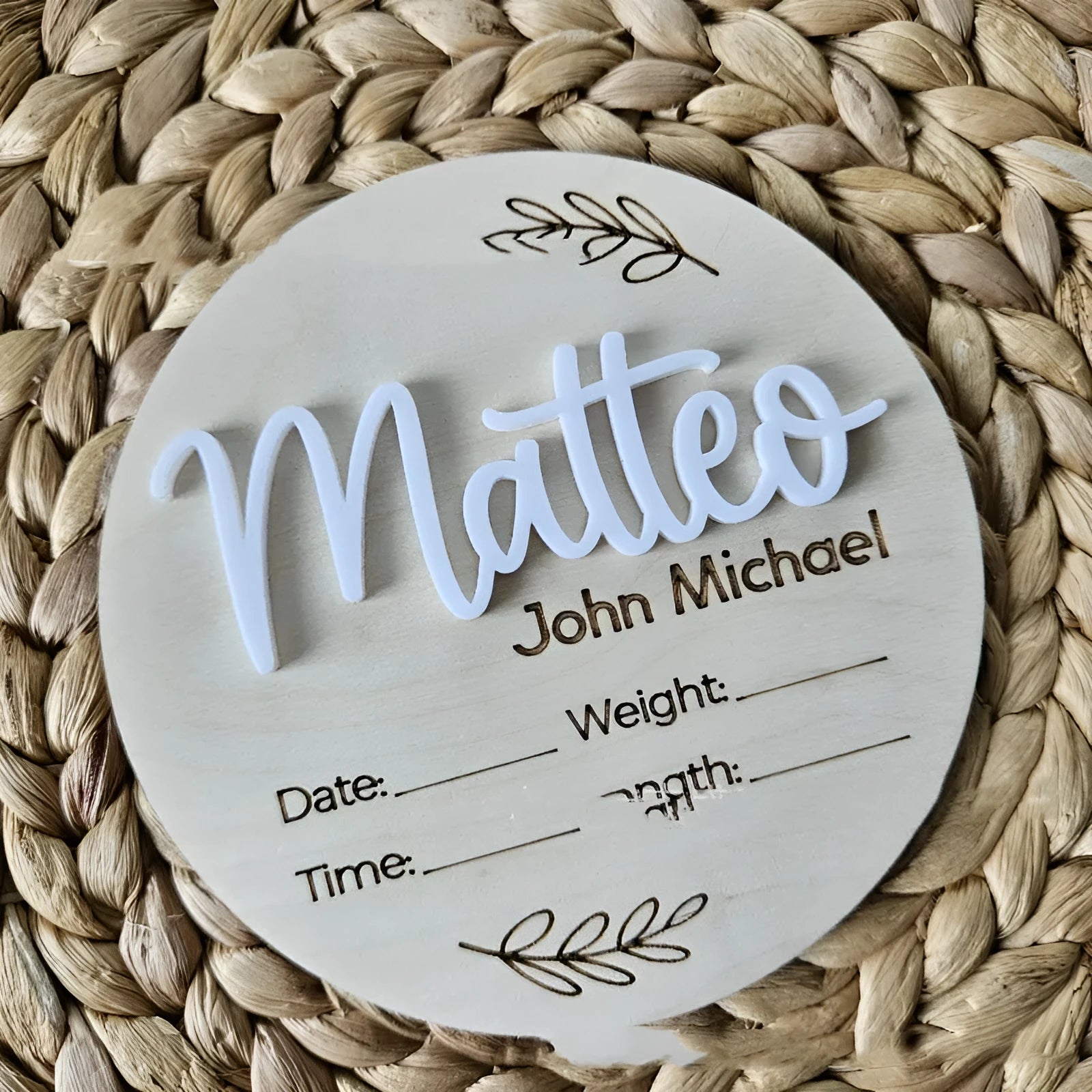 Square wooden baby name plaque showing birth information with 15cm dimensions