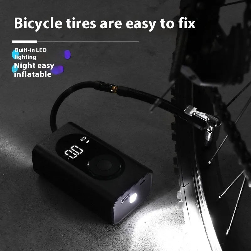 Portable wireless tyre pump with power bank and flashlight functions for multiple vehicles