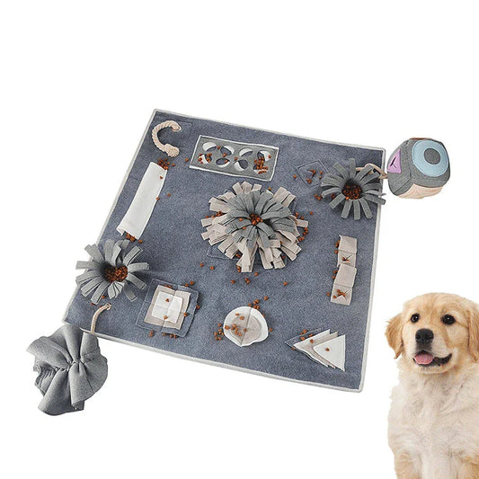 A grey scent puzzle pad designed to stimulate a dog's natural foraging and hunting instincts