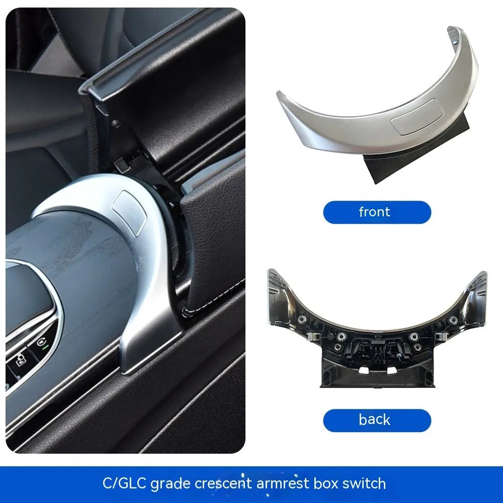 Mercedes-Benz C-Class GLC armrest storage box replacement panel in silver, black, and carbon finishes