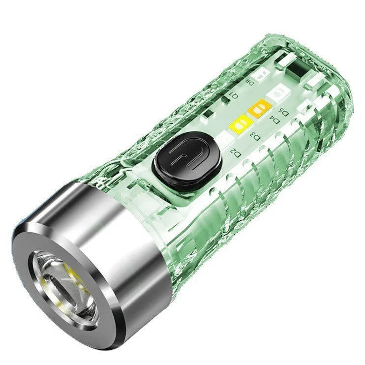 USB keychain light in ultra-thin ABS with keychain fitting, shown in red, blue, green, or transparent for night lighting and camping