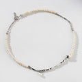Stitching niche design imitation pearl necklace with copper pendant in electroplated silver, O-ring chain, unisex style