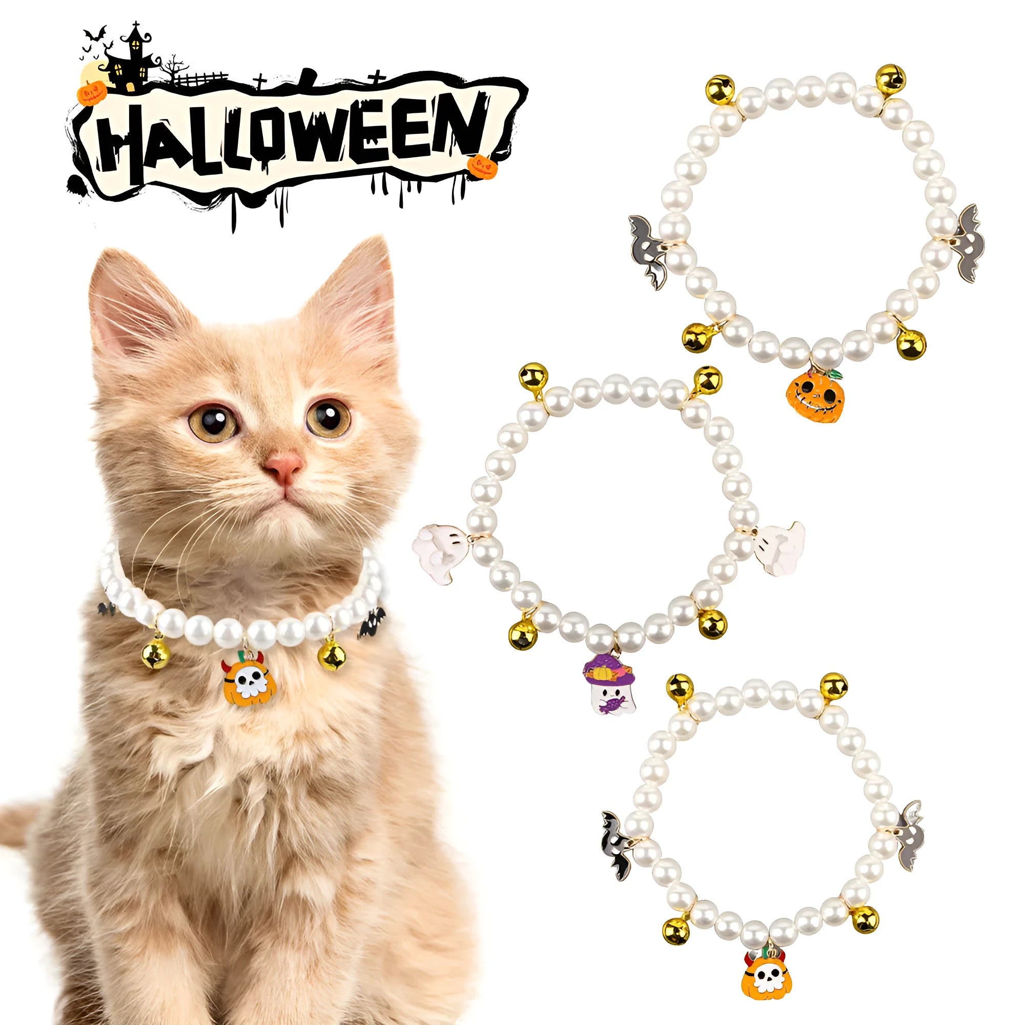 Halloween cat collar with simulated pearl necklace and pumpkin designs including purple ghost, skull, and smiling patterns