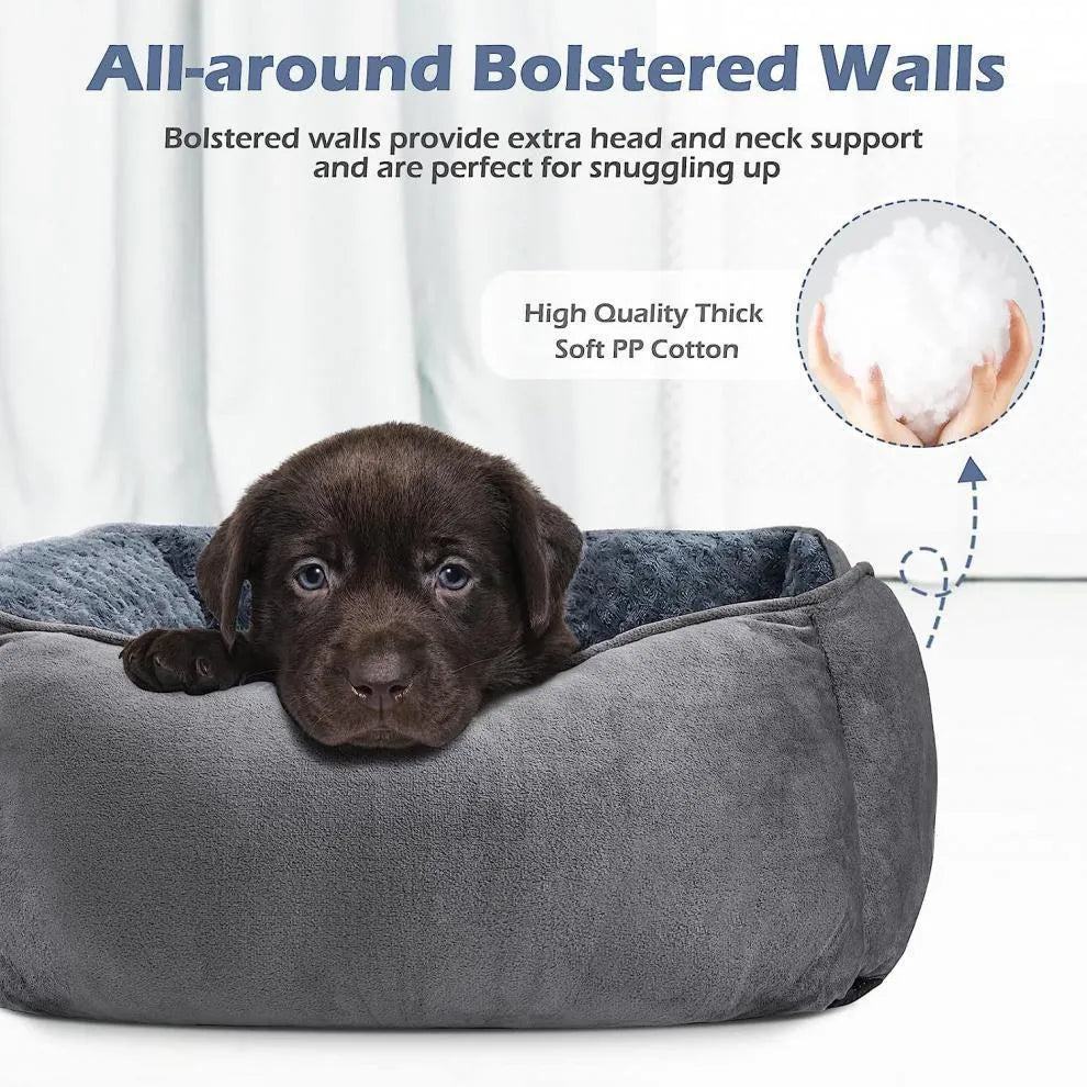 Beige enclosed oval dog kennel bed with artificial fur lining and removable cushion.