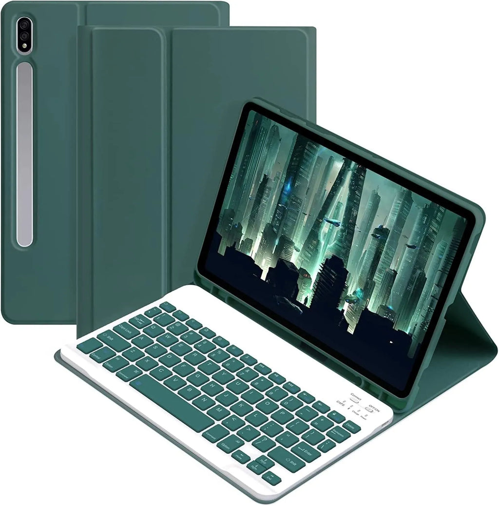 Samsung tablet inside a TPU leather case with a Bluetooth keyboard and charging mouse on a table.