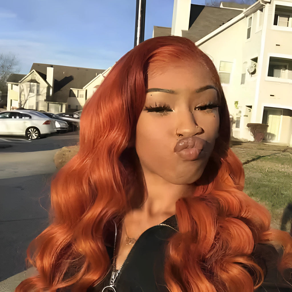 Dark orange real human hair wig with smooth texture on a mannequin head, available in various lengths and densities.