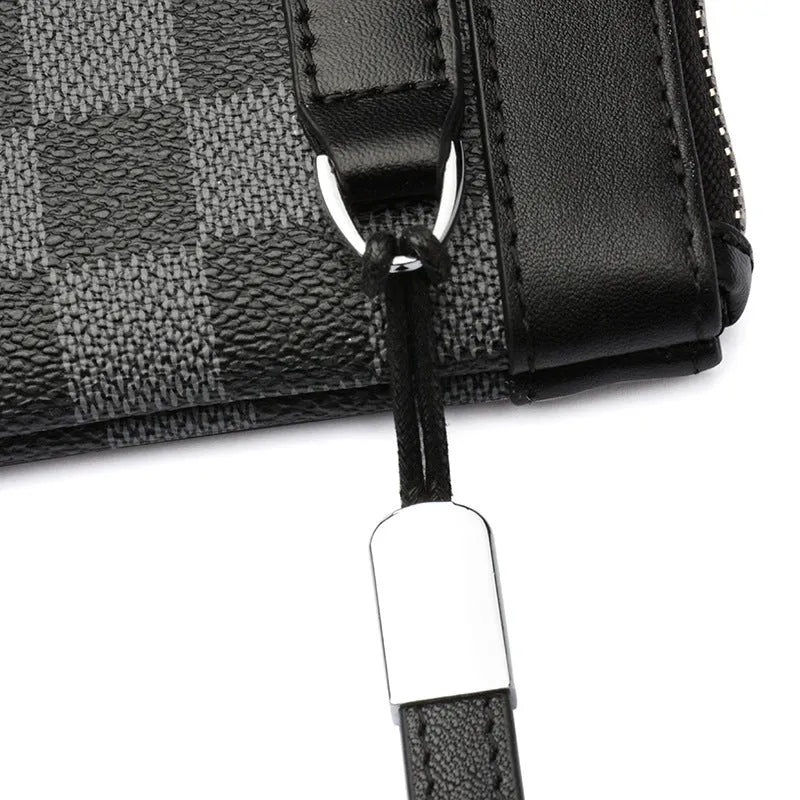 Black genuine cowhide leather men's clutch wallet, shown closed, measuring 20 by 10 centimetres.