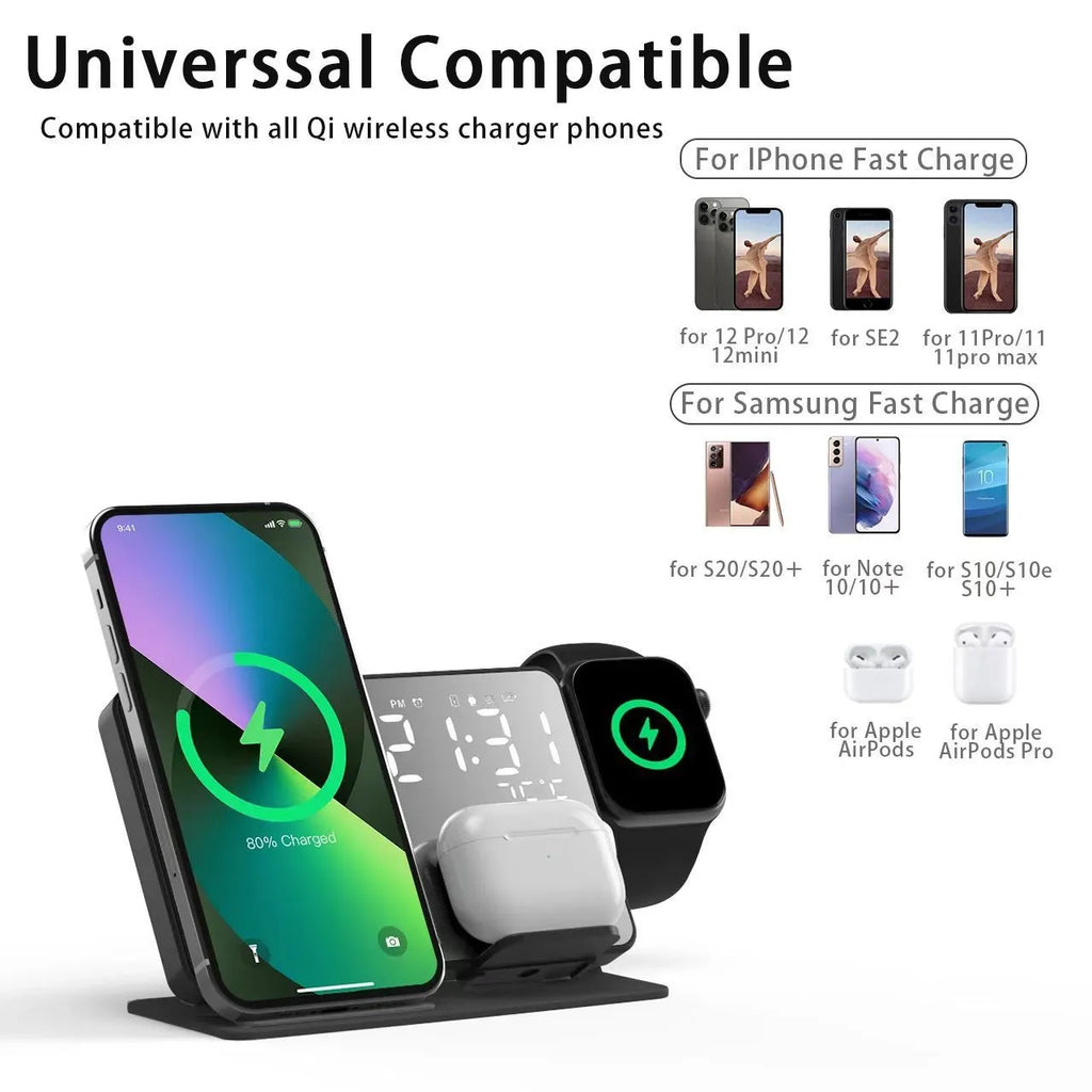 Black four-in-one wireless charger for mobile phone, headset and smart watch with 15W Apple and Samsung model options