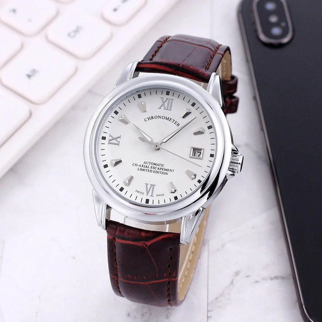 Mens transparent skeleton automatic casual watch with 37mm dial, genuine leather strap, and alloy case