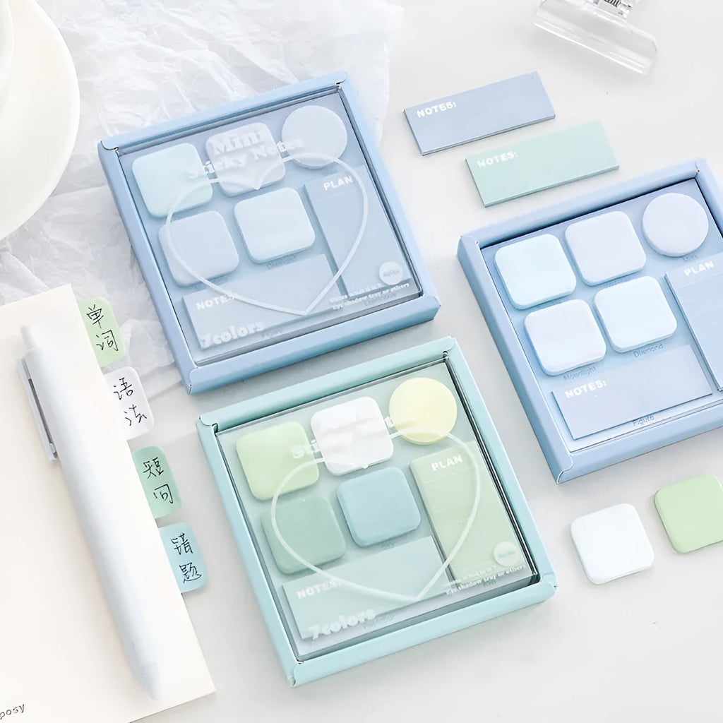 Eye shadow box post it sticker paper notes, 102 x 102mm, 7 pads of 30 sheets, Blue Coffee Green Purple
