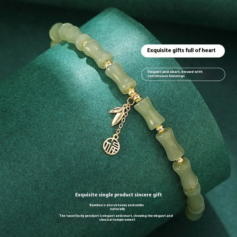 Chinese style bamboo joint jade bracelet and necklace set with safety knot