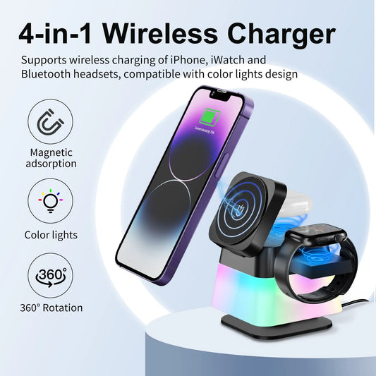 4-in-1 wireless charging station with adjustable lighting for iPhone, Apple Watch, and AirPods