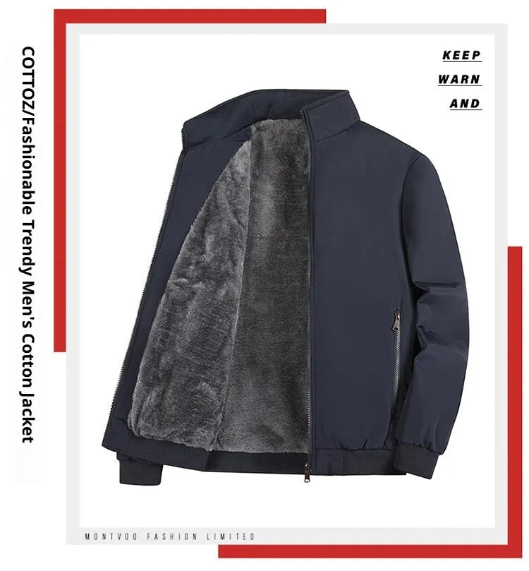 Men's thickened polyester fibre winter coat in black, oversized fit, front view