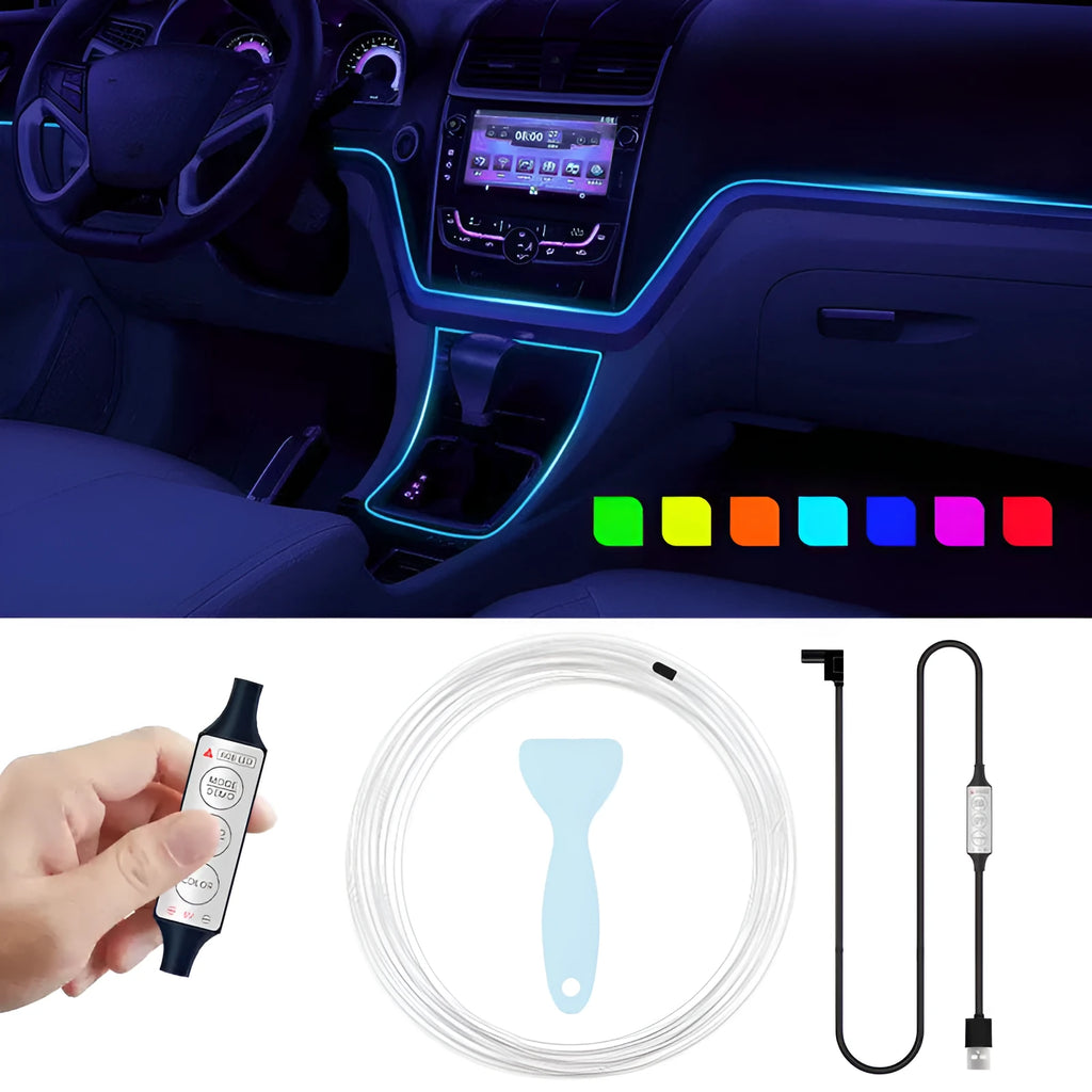 USB-powered RGB LED underglow light strip for cars with manual remote control, showing multicolour illumination.
