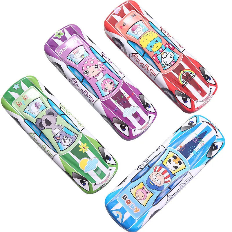 Metal tinplate stationery box with racing car trolley cartoon pattern, shown closed.