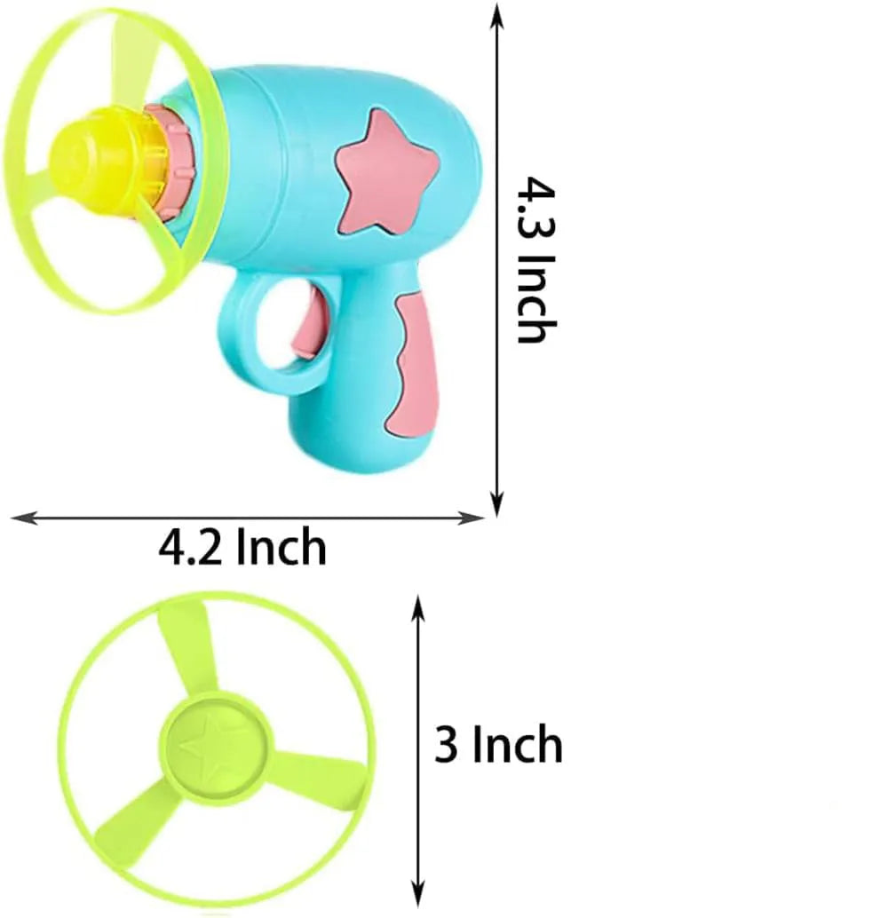 Blue plastic cat toy gun with spinning Frisbee ready for launch
