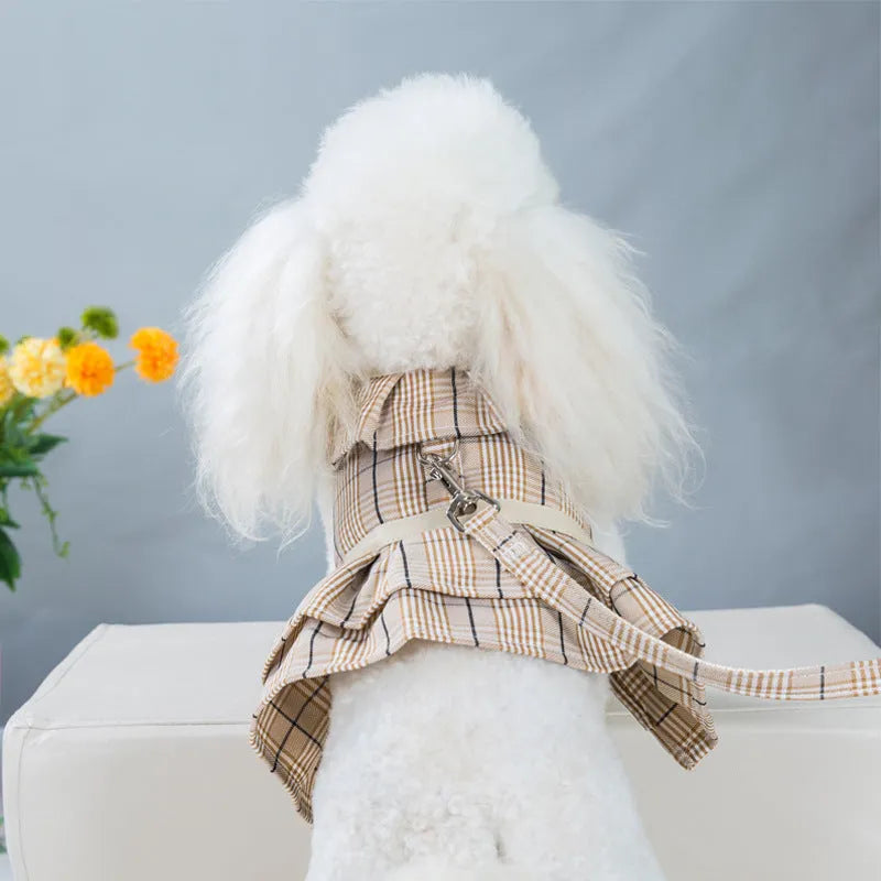 Pet walking vest with chest strap and hand holding rope in polyester fabric, available in milky white or purple colours