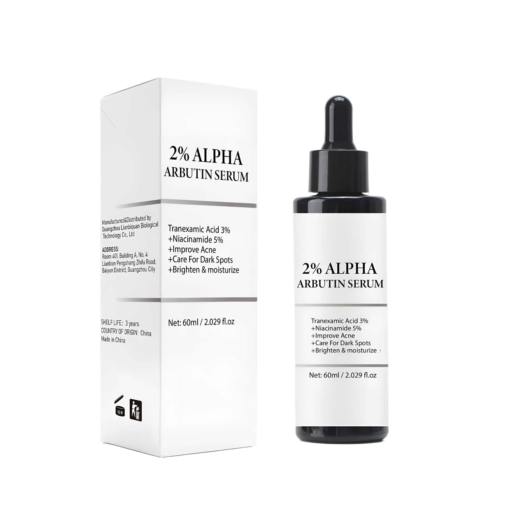Alpha-Arbutin 60ml facial care solution in a white pump bottle, style FPB009