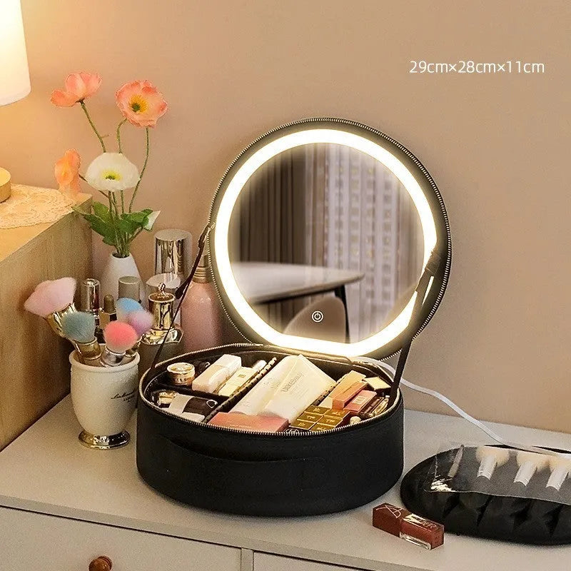 Round pink PU leather LED makeup bag open showing internal mirror, lights, and lattice partitions.