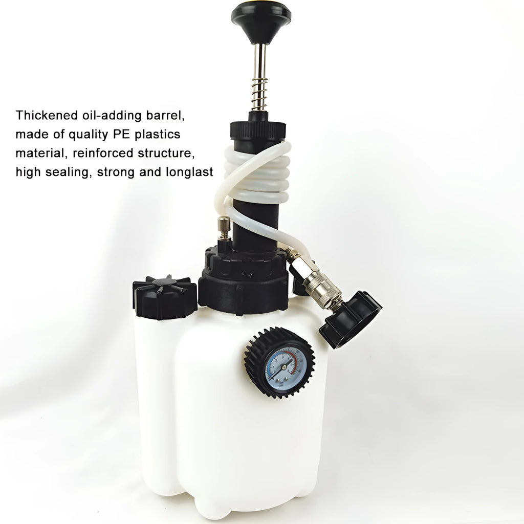 White 3-litre automobile brake oil tank replacement tool with copper and iron fittings
