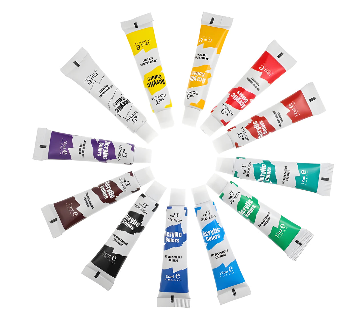 Set of 12 tubes of artist paint for acrylic, gouache, watercolour, and oil painting techniques.