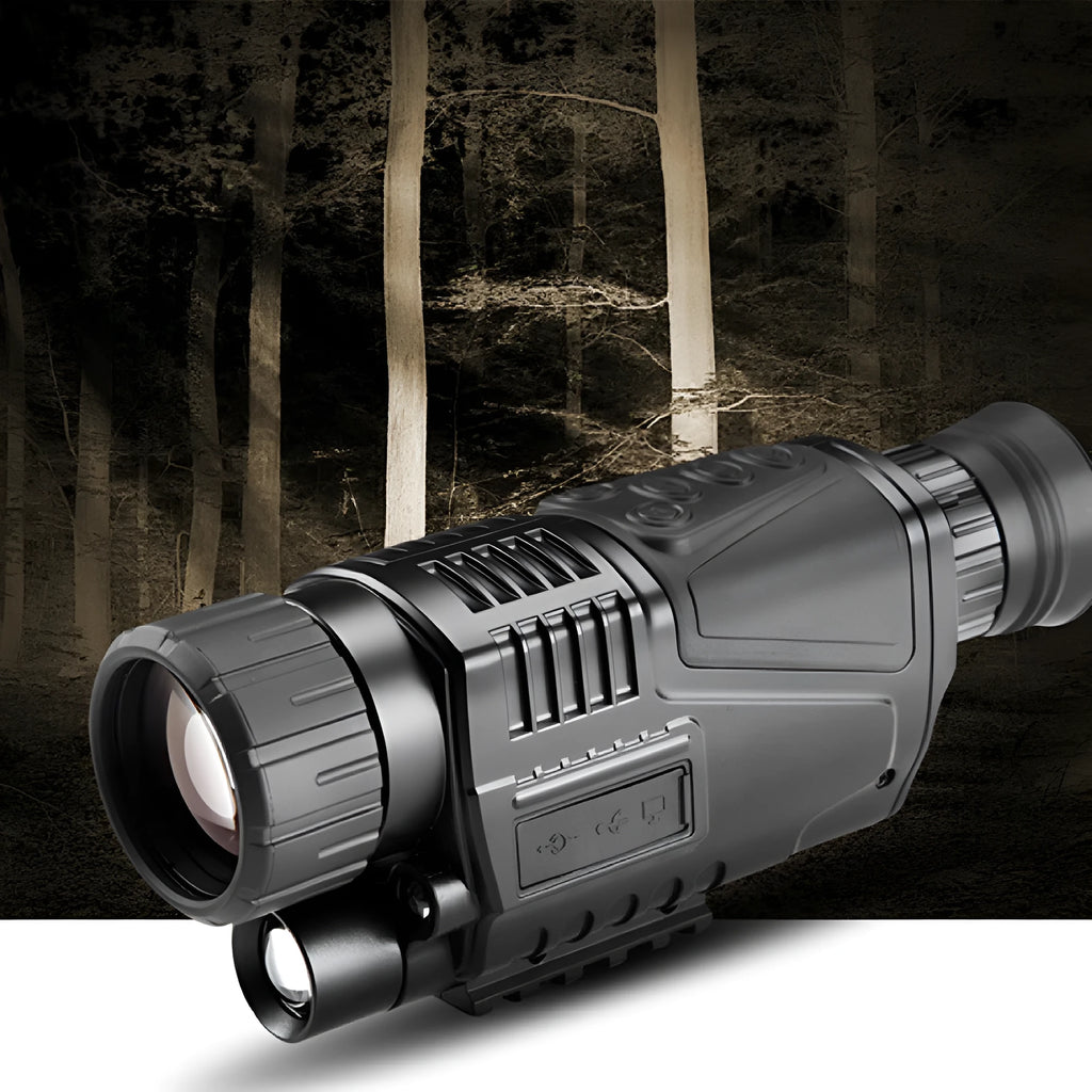 Black infrared digital night vision telescope with 40mm lens on a table with storage bag and cables.