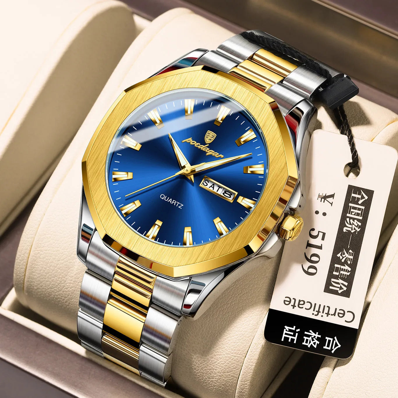 Men's steel strap quartz watch with business style and 9mm thickness, shown in a gold and blue colour variant.