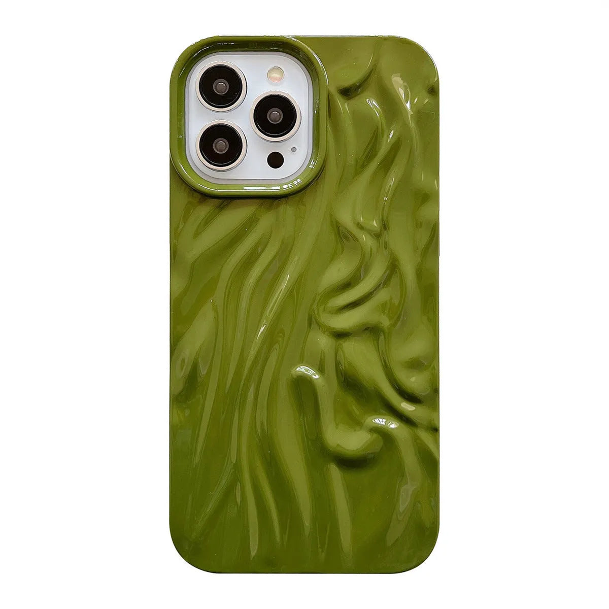 High-grade silicone iPhone case with a water ripple texture in beige white colour on a table.