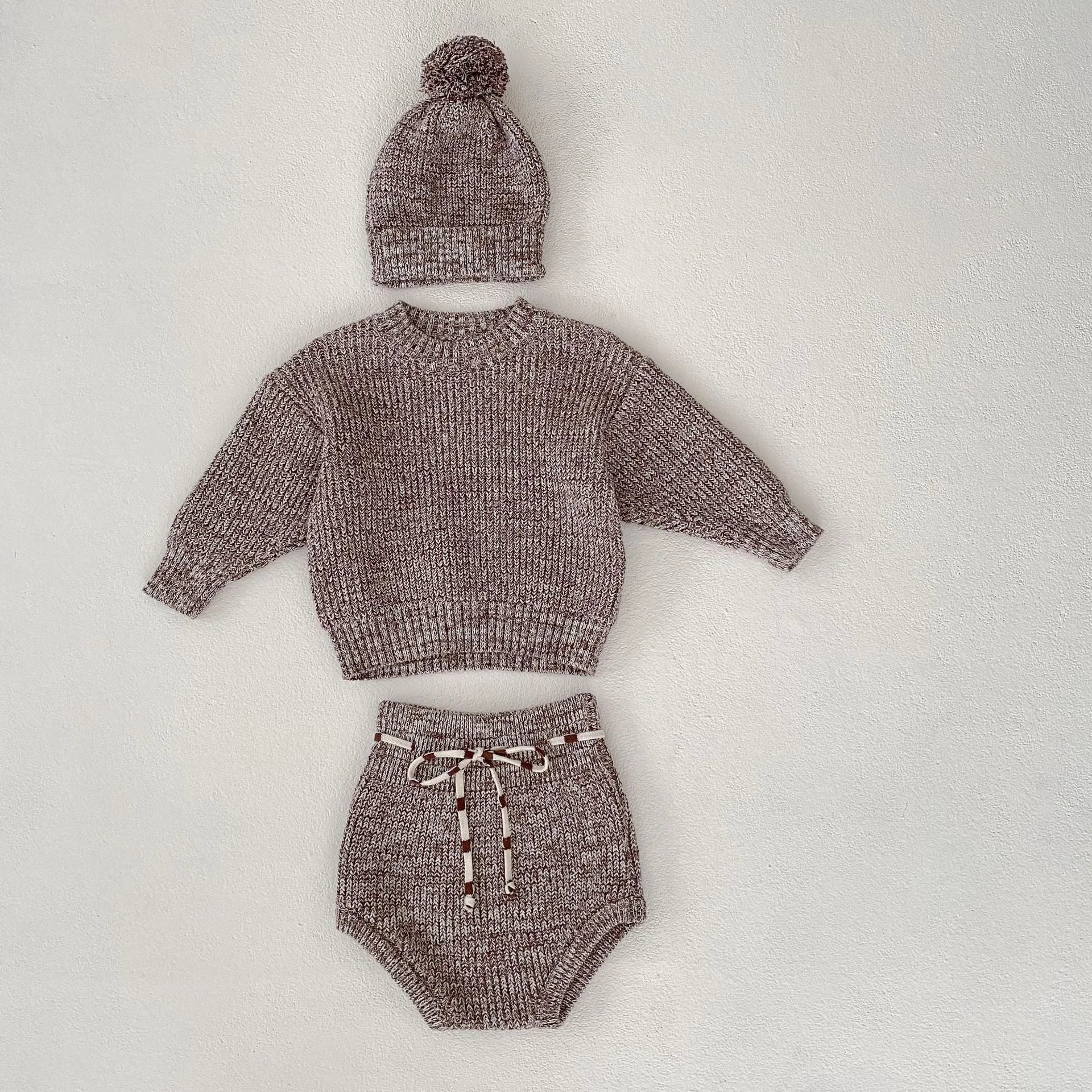 Dark brown cotton knitted three-piece set for infant girl with fur ball hat